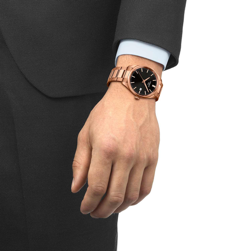 שעון TISSOT דגם T1504103305100 לגבר לוח שחור רצועת פלדת אל-חלד בצבע רוז גולד – תמונה 2