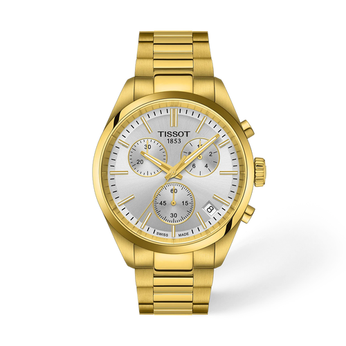 שעון TISSOT דגם T1504173303100 לגבר לוח כסף רצועת פלדת אל-חלד בצבע זהב