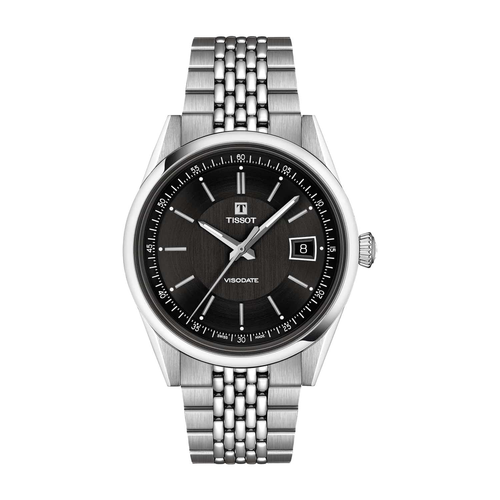שעון TISSOT דגם T1574071105100 לגבר לוח שחור רצועת פלדת אל-חלד בצבע כסף