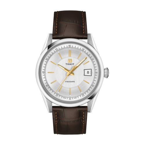 שעון TISSOT דגם T1574071603100 לגבר לוח כסוף רצועת עור בצבע חום