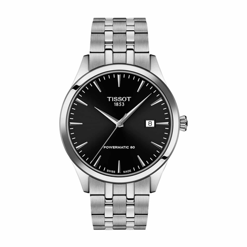 שעון TISSOT דגם T1584071105100 לגבר לוח שחור רצועת פלדת אל-חלד בצבע אפור