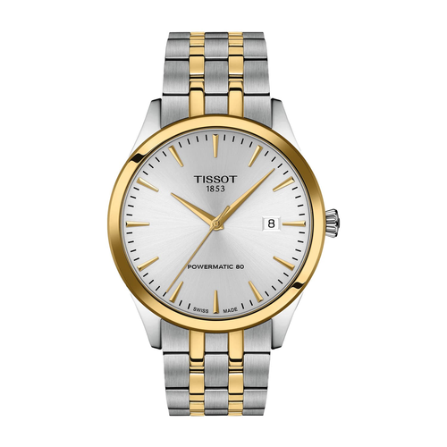 שעון TISSOT דגם T1584072203100 לגבר לוח כסוף רצועת פלדת אל-חלד בצבע אפור וזהב