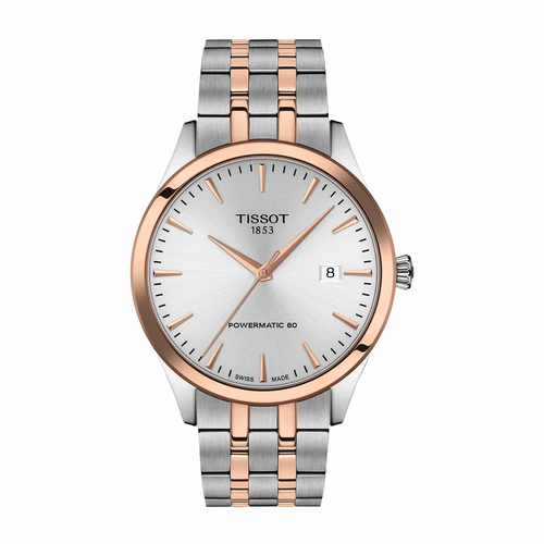 שעון TISSOT דגם T1584072203101 לגבר לוח כסוף רצועת פלדת אל-חלד בצבע אפור ורוז גולד
