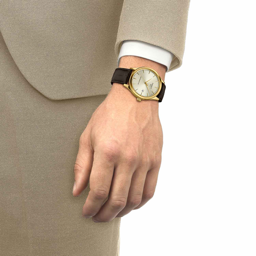 שעון TISSOT דגם T1584073626100 לגבר לוח זהב רצועת עור בצבע חום – תמונה 2