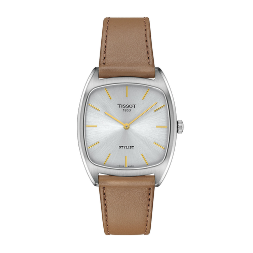 שעון TISSOT דגם T1599091603100 לאישה לוח כסף רצועת עור בצבע חום