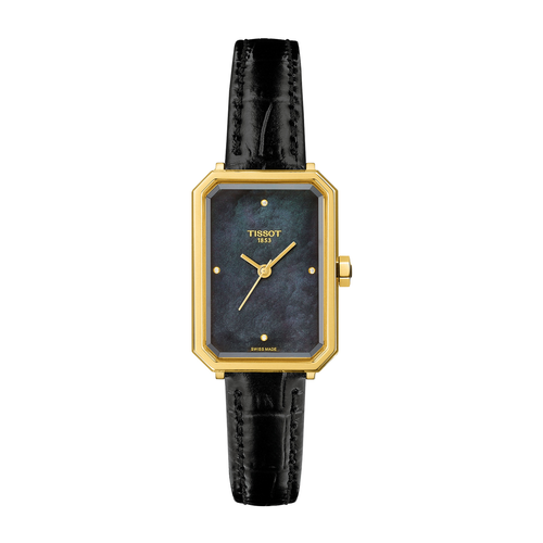 שעון TISSOT דגם T1601103612600 לאישה לוח שחור אם הפנינה רצועת עור בצבע שחור