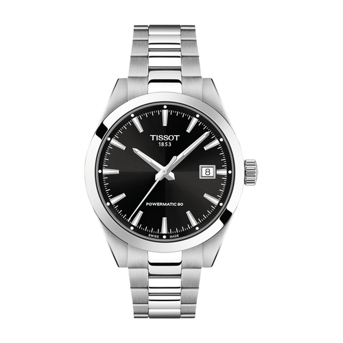 שעון TISSOT דגם T1658071105100 לגבר לוח שחור רצועת פלדת אל-חלד בצבע כסף