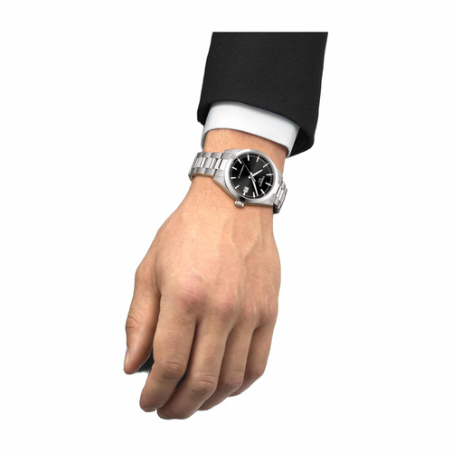 שעון TISSOT דגם T1658071105100 לגבר לוח שחור רצועת פלדת אל-חלד בצבע כסף – תמונה 2