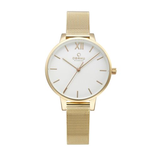 שעון OBAKU דגם V209LXGIMG לאישה לוח לבן רצועת פלדת אל חלד בצבע זהב