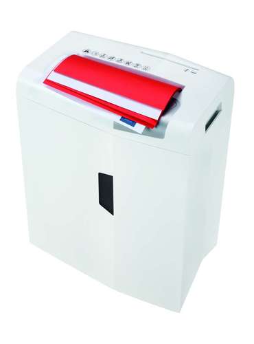 מגרסה HSM shredstar X6pro עם ניירות וקלסר אדום בפתח ההזנה