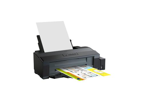 מדפסת הזרקת דיו A3+ Epson EcoTank L1300 – מבט מהצד עם הדפסה בצבע