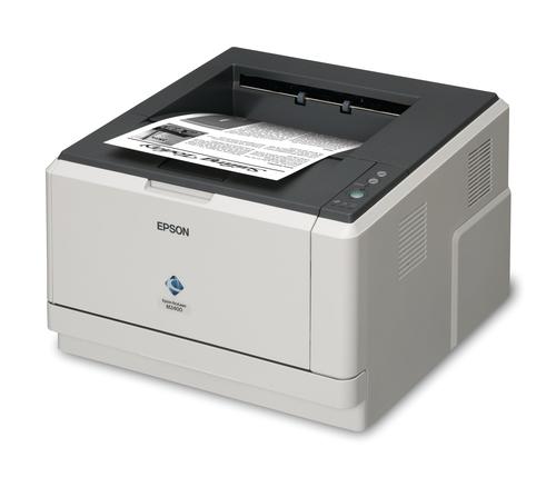 מדפסת לייזר Epson AcuLaser M2400D - מבט אלכסוני עם דף מודפס