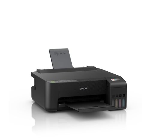 מדפסת Epson EcoTank L1250 - מבט אלכסוני עם משענת נייר ומגש פתוחים