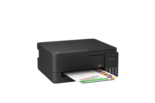 מדפסת משולבת Epson EcoTank L3350 - מבט אלכסוני מימין עם הדפסה צבעונית