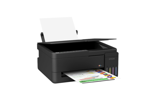 מדפסת משולבת Epson EcoTank L3350 - מבט אלכסוני עם מכסה סורק פתוח ומשענת נייר