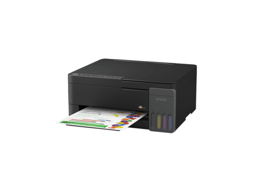 מדפסת משולבת Epson EcoTank L3350 - מבט אלכסוני משמאל עם דף מודפס
