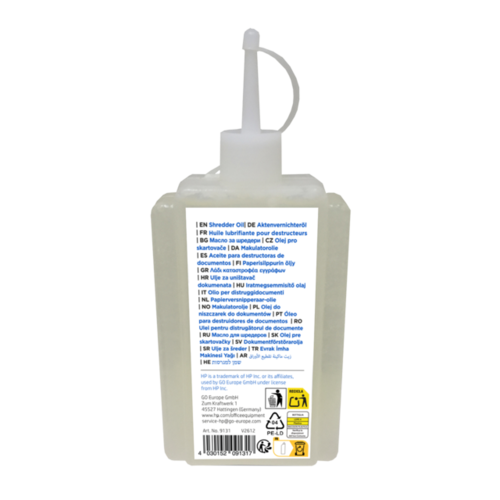 שמן למגרסה HP בקבוק 120 מ״ל – מבט אחורי עם תווית רב-לשונית