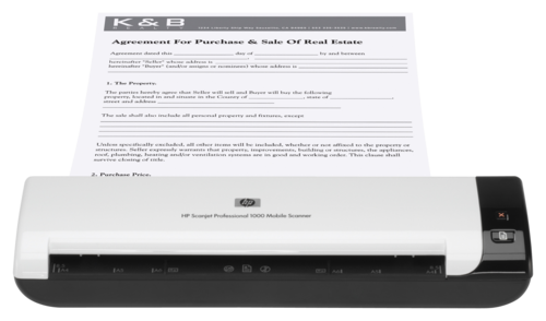 סורק נייד HP Scanjet Professional 1000 Mobile - מבט קדמי עם מסמך בכניסה