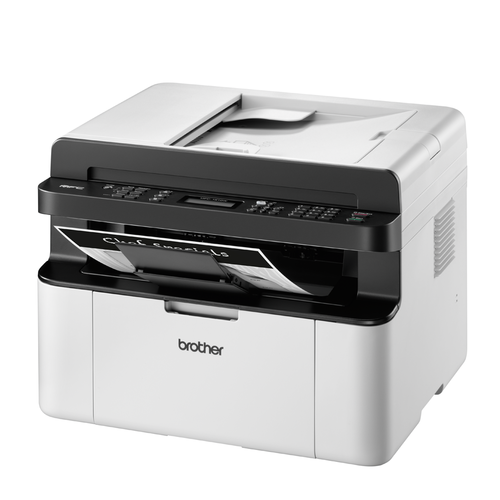 מדפסת לייזר משולבת Brother MFC-1910W שחור-לבן A4, מבט אלכסוני עם דף מודפס במגש