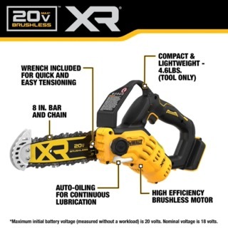 מסור שרשרת נטען לגיזום 8 אינץ' DeWalt 20V MAX XR- גוף בלבד