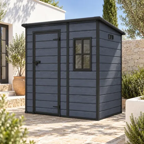 מחסן גינה פלסטיק דמוי עץ 181X131 עם חלון וגג משופע – דגם אוסלו