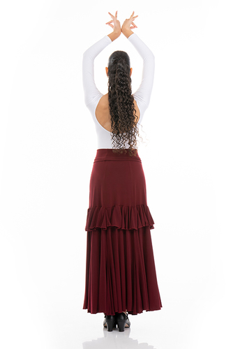 חצאית פלמנקו בוטיק Sofía צמודה עם חתך, תפרי פרינסס, וולן רחב בקו הירך וקלוש מתרחב לנערות ונשים בצבע בורדו