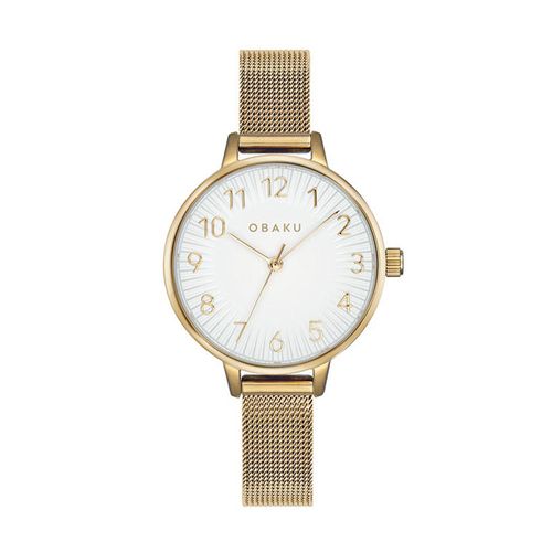 שעון OBAKU דגם V237LXGIMG לאישה לוח לבן רצועת Mesh רשת מפלדת אל חלד בצבע זהב