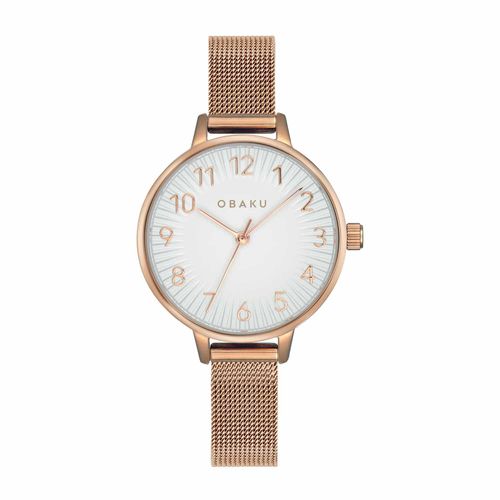 שעון OBAKU דגם V237LXVIMV לאישה לוח לבן רצועת פלדת אל חלד בצבע רוזגולד