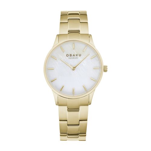 שעון OBAKU דגם V247LXGWSG לאישה לוח אם הפנינה רצועת פלדת אל חלד בצבע זהב