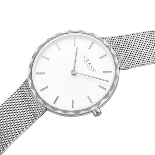 שעון OBAKU דגם V252LXCIMC לאישה לוח לבן רצועת Mesh רשת מפלדת אל חלד בצבע כסוף – תמונה 2