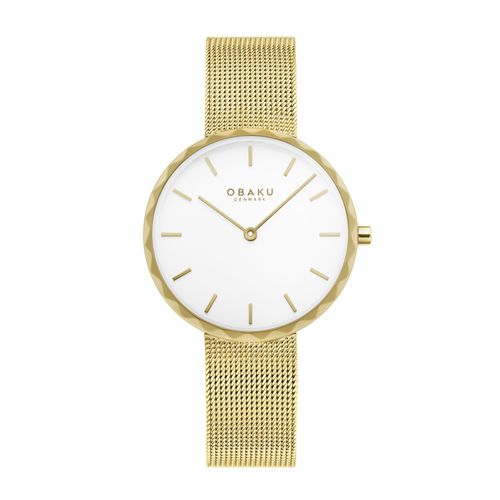 שעון OBAKU דגם V252LXGIMG לאישה לוח לבן רצועת Mesh רשת מפלדת אל חלד בצבע זהב