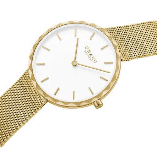 שעון OBAKU דגם V252LXGIMG לאישה לוח לבן רצועת Mesh רשת מפלדת אל חלד בצבע זהב – תמונה 2