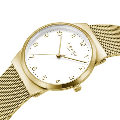 שעון OBAKU דגם V255LXGIMG לאישה לוח לבן רצועת Mesh רשת מפלדת אל חלד בצבע זהב – תמונה 2