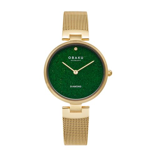 שעון OBAKU דגם V256LHGEMG-DSSD לאישה לוח ירוק רצועת פלדת אל חלד בצבע זהב