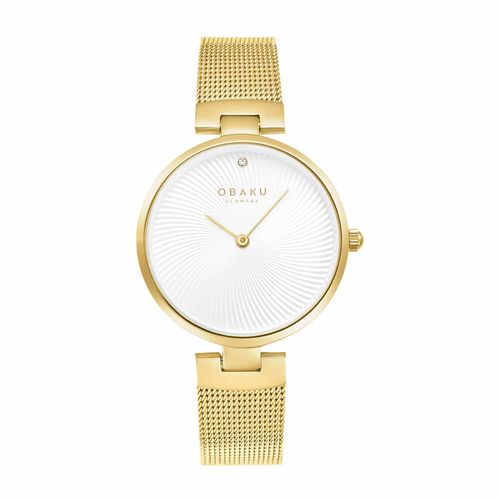 שעון OBAKU דגם V256LXGIMG לאישה לוח לבן רצועת פלדת אל חלד בצבע זהב