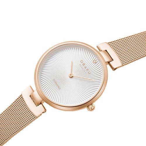 שעון OBAKU דגם V256LXVIMV לאישה לוח לבן-כסוף רצועת Mesh רשת מפלדת אל חלד בצבע רוז גולד – תמונה 2