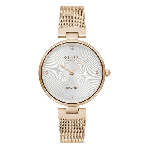 שעון OBAKU דגם V256LXVIMV-DD לאישה לוח כסוף רצועת פלדת אל חלד בצבע זהב