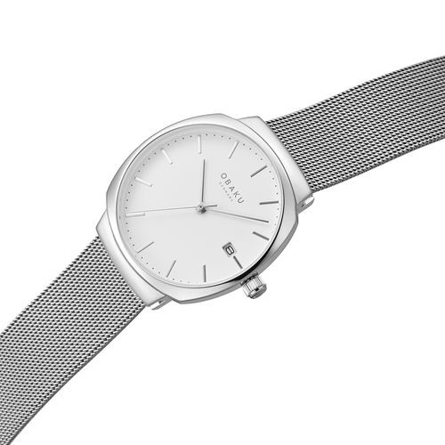 שעון OBAKU דגם V273LDCWMC לאישה לוח לבן רצועת Mesh רשת מפלדת אל חלד בצבע כסף – תמונה 3