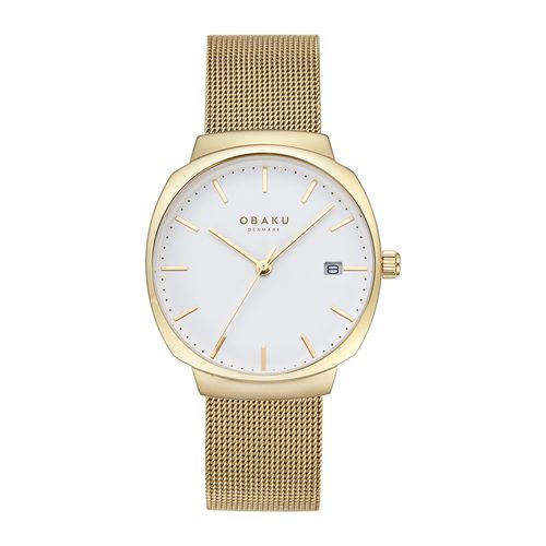 שעון OBAKU דגם V273LDGWMG לאישה לוח לבן רצועת Mesh רשת מפלדת אל חלד בצבע זהב