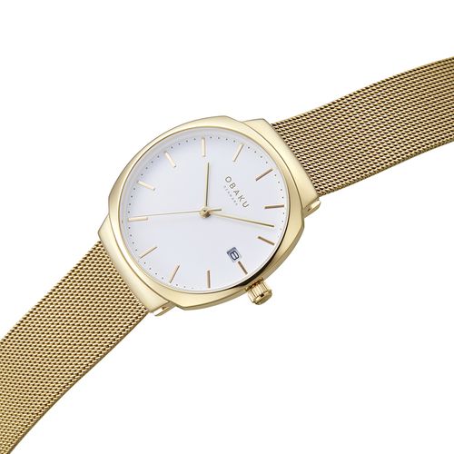 שעון OBAKU דגם V273LDGWMG לאישה לוח לבן רצועת Mesh רשת מפלדת אל חלד בצבע זהב – תמונה 3