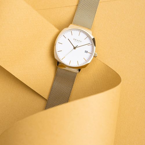 שעון OBAKU דגם V273LDGWMG לאישה לוח לבן רצועת Mesh רשת מפלדת אל חלד בצבע זהב – תמונה 4