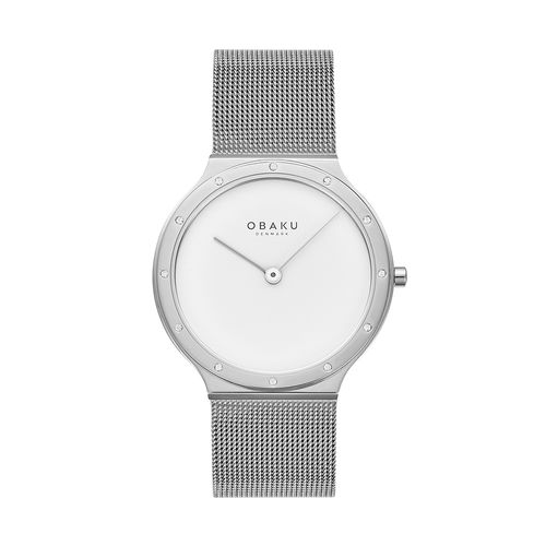 שעון OBAKU דגם V285LECWMC לאישה לוח לבן רצועת Mesh רשת מפלדת אל חלד בצבע כסף
