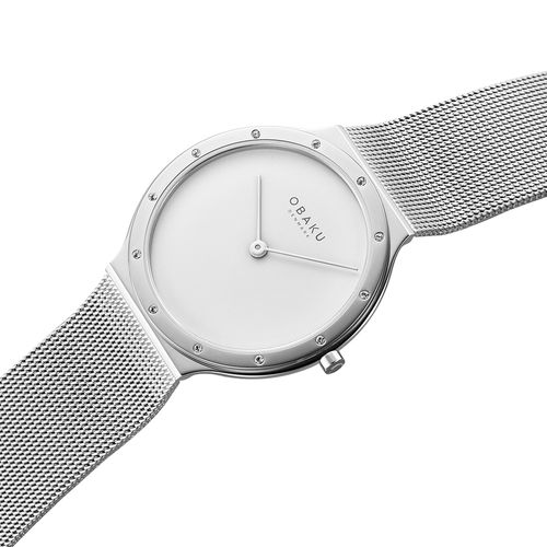 שעון OBAKU דגם V285LECWMC לאישה לוח לבן רצועת Mesh רשת מפלדת אל חלד בצבע כסף – תמונה 3