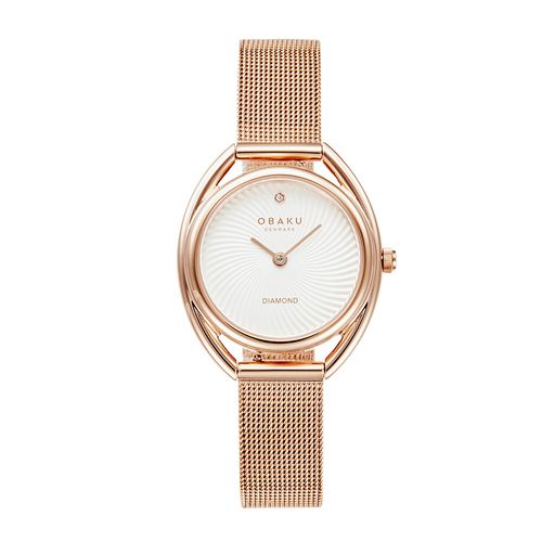 שעון OBAKU דגם V286LXVIMV לאישה לוח לבן רצועת פלדת אל חלד בצבע רוזגולד