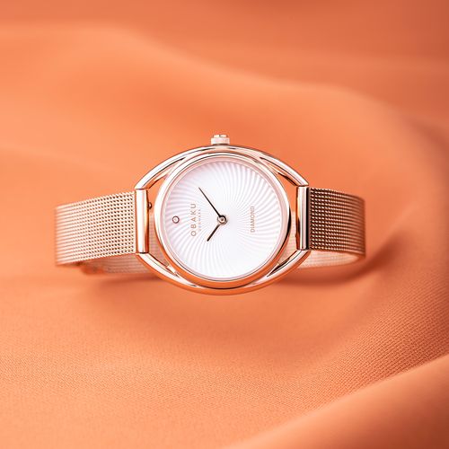 שעון OBAKU דגם V286LXVIMV לאישה לוח לבן רצועת פלדת אל חלד בצבע רוזגולד – תמונה 4