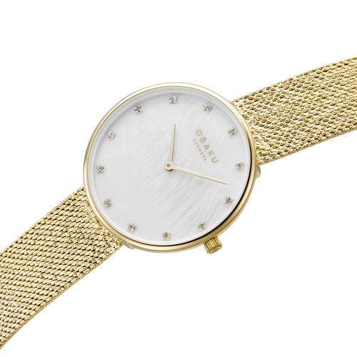 שעון OBAKU דגם V288LXGWHG לאישה לוח לבן רצועת פלדת אל חלד בצבע זהב – תמונה 3