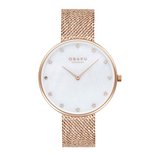 שעון OBAKU דגם V288LXVWHV לאישה לוח אם הפנינה רצועת פלדת אל חלד בצבע רוזגולד