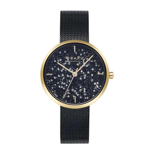 שעון OBAKU דגם V289LHGBMB לאישה לוח שחור רצועת פלדת אל חלד בצבע שחור