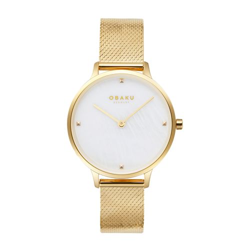 שעון OBAKU דגם V295LXGWHG לאישה לוח אם הפנינה רצועת פלדת אל חלד בצבע זהב