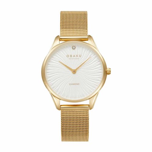 שעון OBAKU דגם V297LXGIMG לאישה לוח לבן רצועת פלדת אל חלד בצבע זהב